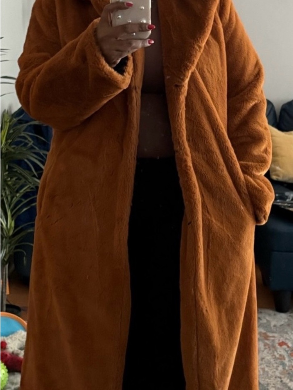 Women's Long Faux Fur Coat - Rust Brown